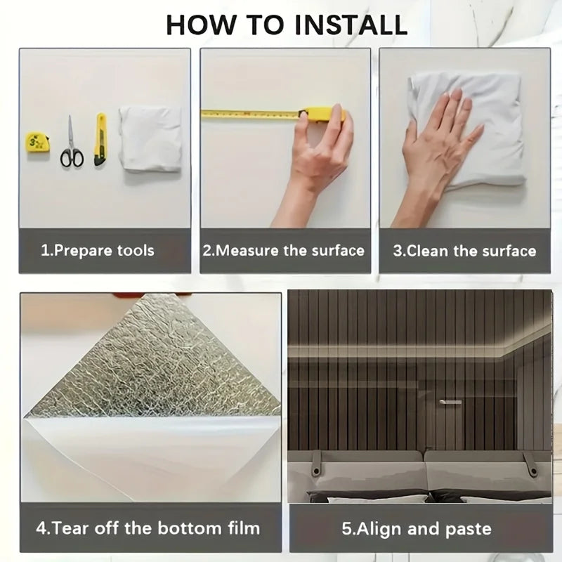 6 pieces of waterproof self-adhesive wallpaper, removable backing with faux tiles, glossy surface suitable for kitchen, bathroom, living room, TV wall - easy to install, damage-free removal, cut as you like