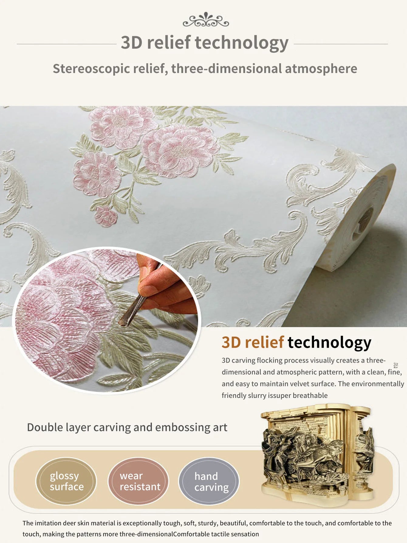 1 Roll of European-Style 3D Floral Self-Adhesive Non-Woven Wallpaper with Precision-Pressed Large Floral Designs, Suitable for Living Room, Bedroom, and Room Background Walls