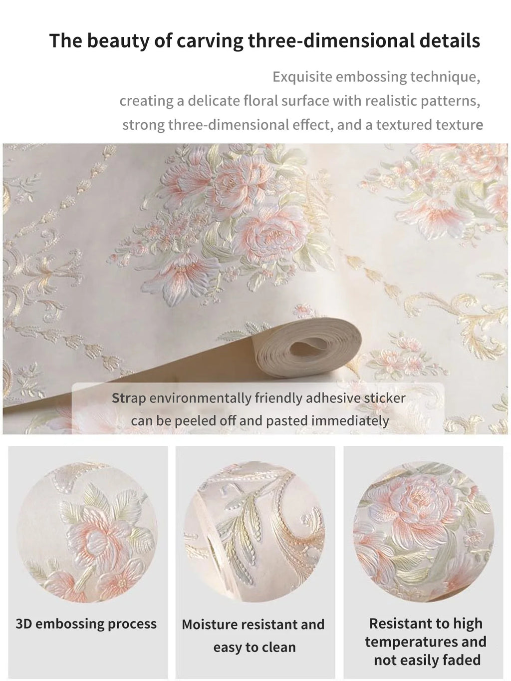 1 Roll of European-Style 3D Floral Self-Adhesive Non-Woven Wallpaper with Precision-Pressed Large Floral Designs, Suitable for Living Room, Bedroom, and Room Background Walls